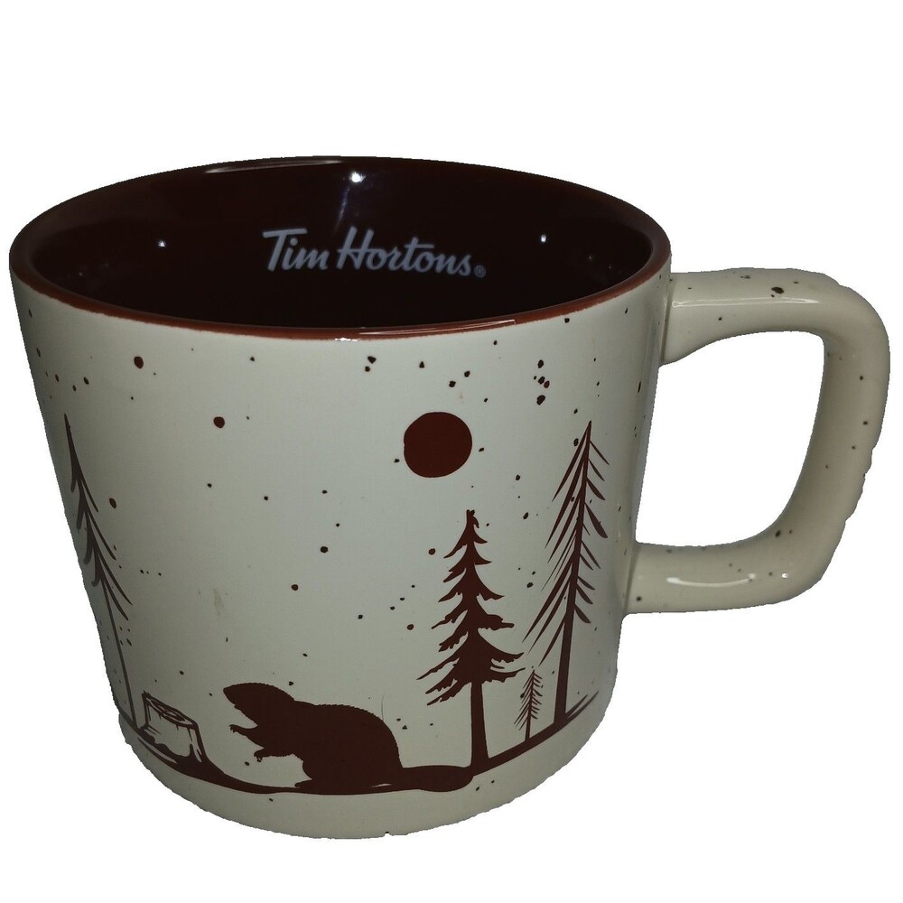 Tim Hortons 2019 Beaver Forest Scene Coffee Mug Tea Cup Burgandy Cream